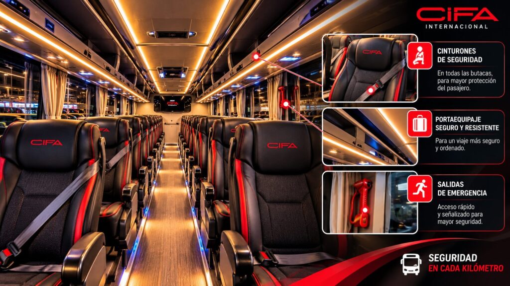 Interior de un autobús CIFA Internacional con butacas reclinables
